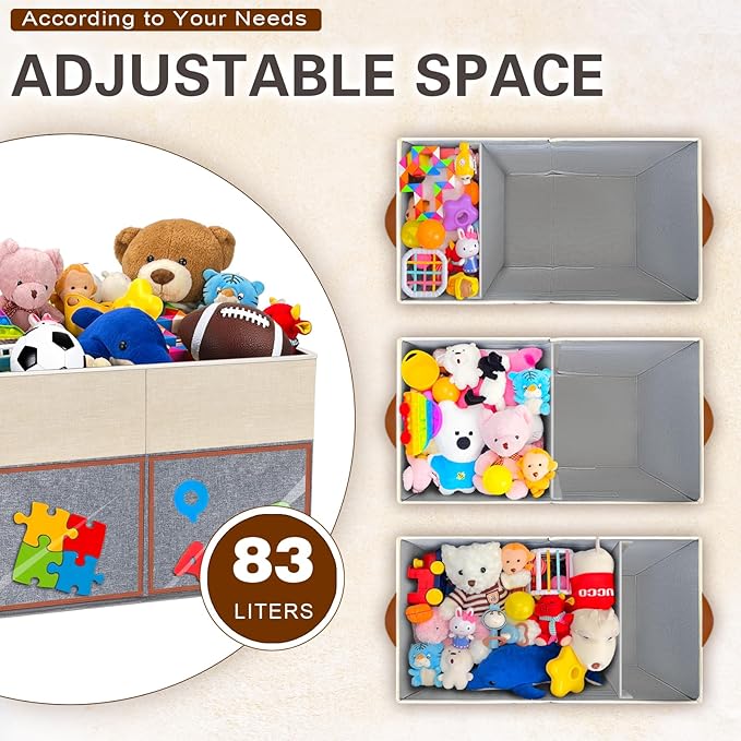HISULIV 2 Pack Large Toy Storage Box with Clear Lids Collapsible Toys Chest Organizer Bin Basket with Adjustable Dividers for Kids Boys Girls Living Room Nursery Playroom Closet Beige and Grey