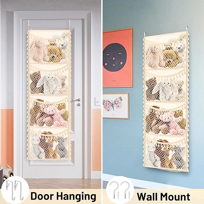 Over The Door Stuffed Animal Storage, Cotton Toy Organizer for Storage Plush Toys,Baby Supplies, Stuffed Animal Holder with 4 Large Pockets, Hanging Door Organizer for Nursery, Bedroom (Tassel)
