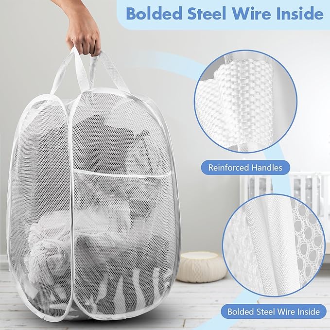 DUCOO Pop Up Laundry Hamper, 70L Collapsible Mesh Laundry Basket with Side Pocket, Foldable Dirty Clothes Hamper with Sturdy Reinforced Handles for Home Dorm Bedroom Travel Storage, White, 2Pack