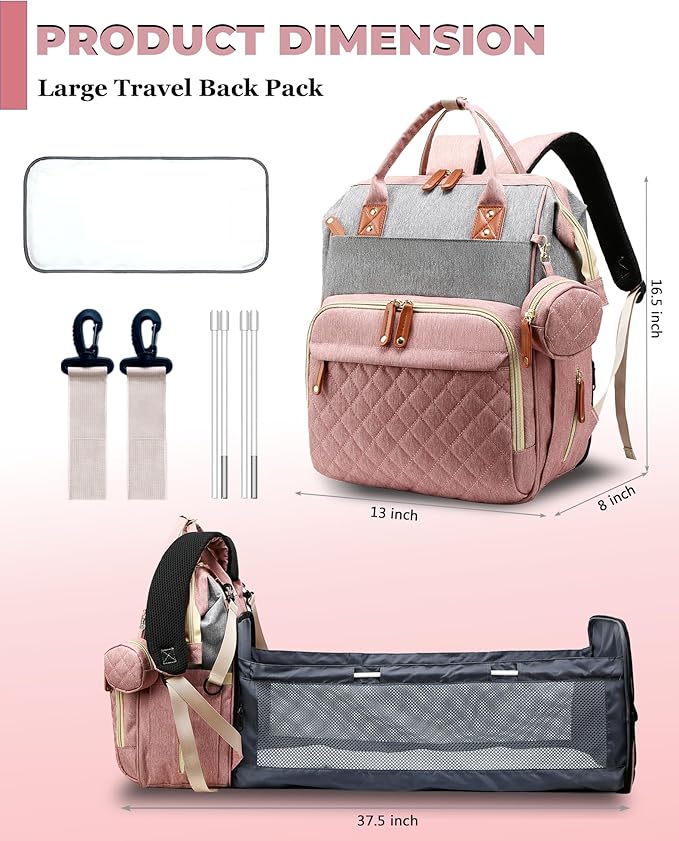 Lamroro Diaper Bag with Changing Station, Waterproof 3 in 1 Baby Diaper Backpack with Foldable Changing Pad, Pink-Grey