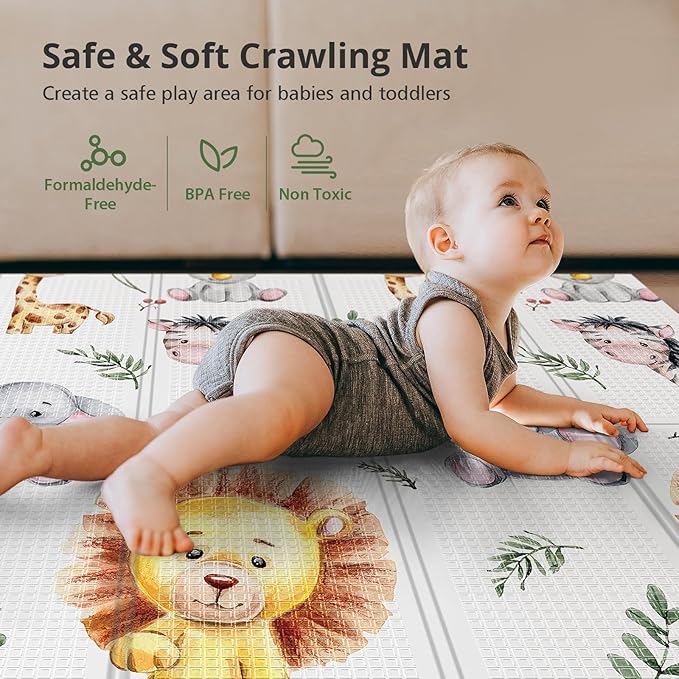 71x59 Baby Play Mat for Floor, Foldable and Foam Babies Activity Tummy Time Playmat, Waterproof & Anti-Slip Crawling Mats, Kids Non Toxic Foam Thick Play Mat for Baby, Toddlers,Lion,71x59