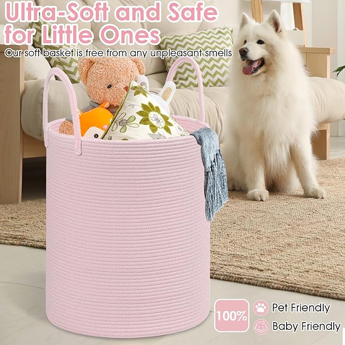 Cotton Rope Storage Basket with Handles, Pink, Large Capacity Laundry Hamper and Laundry Basket for Clothes, 15x18 Inches, Nursery Organizer