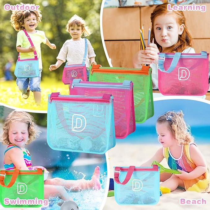3Pcs Personalized Kids Beach Shell Bag, Initial Seashell Mesh Zipper Beach Pouch, Shell Collecting Bag for Holding Shells with Adjustable Straps, Sand Toys Swim Pouch Gift for Girl Boy Teens(Letter D)