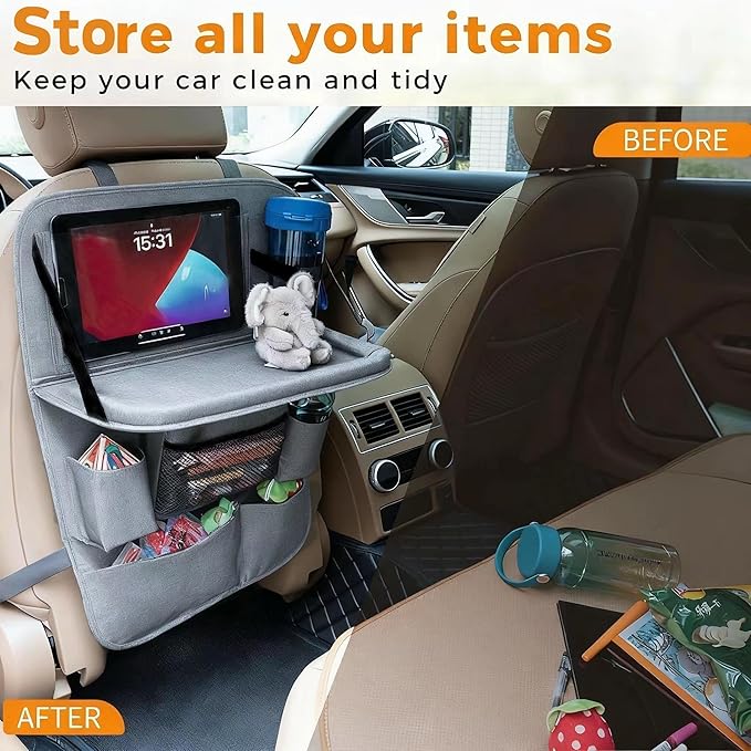 Haoxiang A-P Backseat Car Organizer with Tray, 9 Storage Pockets Back Seat Protector with Foldable Tablet Holder, Waterproof Back of Seat Kick Mats for Kids Adult, Travel Accessories, Gray