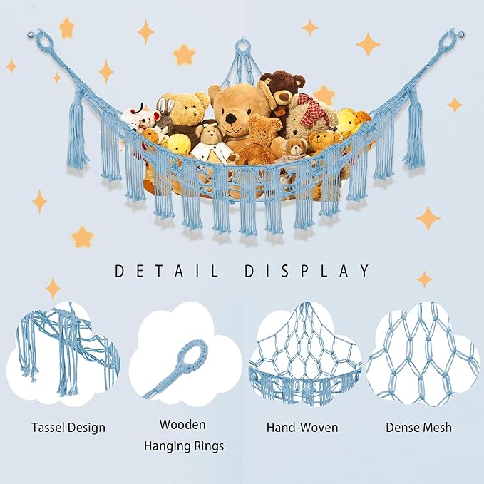 CERETIA Stuffed Animal Hammock with LED Light, Large Stuffed Animals Storage Corner Plushie Net for Kids Room Decor, Baby Blue