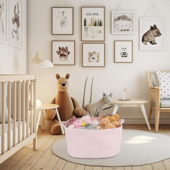 Large Rectangle Blankets Baskets 22"x17"x12" Toy Basket for Kids Woven Cotton Rope Storage Basket for Nursery - Wicker Laundry Baskets for Clothes Towels - Ideal for Living Room Storage pink