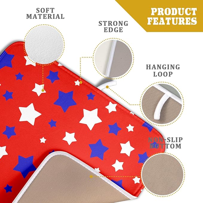 Fourth of July Independence Memorial Dish Drying Mat for Kitchen Counter,Blue White Star Patriotic Red Drying Mat 16 x 18 Inch with High Absorbent Microfiber Dish Drying Mat for Coffee Bar