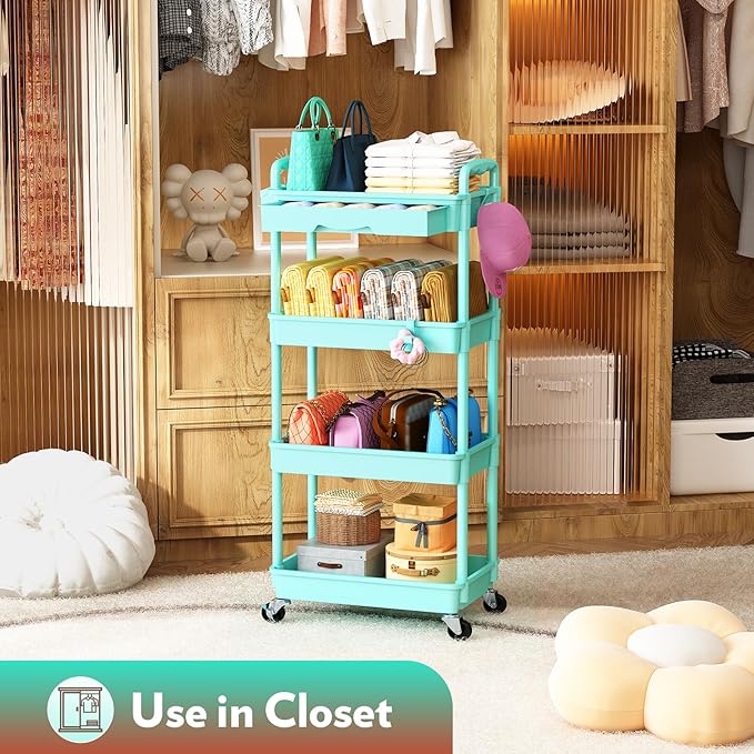 Makeup Cart Organizer with Drawers, 4 Tier Floor Skincare Organizers for Vanity, Rolling Makeup Bathroom Storage Cart Cosmetics Display Cases for Skin Care Perfume Nail Polish, Blue