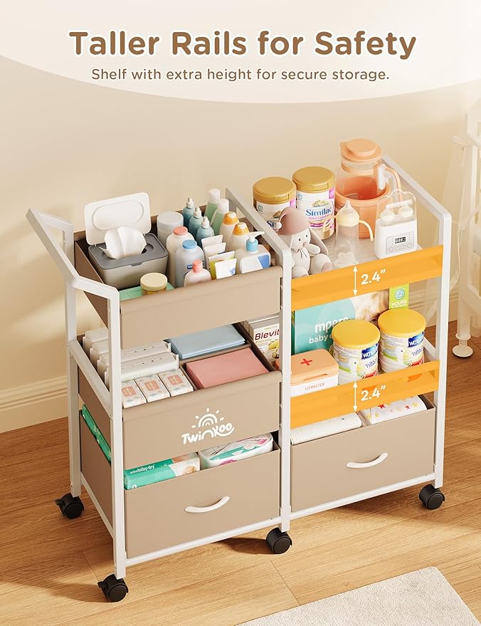 2-in-1 Baby Diaper Caddy Organizer, 3 Tier Rolling Storage Cart with Dividers and Drawers, Baby Essentials for Nursery Storage, Mobile Utility Cart with Wheels Large Capacity Easy to Assemble