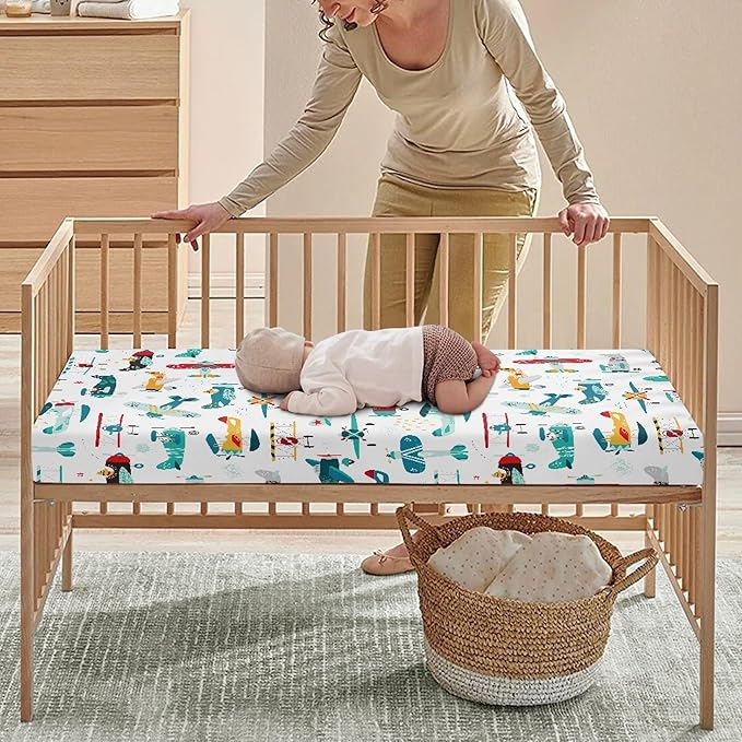 Airplane Fitted Crib Sheet for Boys Girls Cute Airplanes Baby Sheet for Standard Crib and Toddler Colorful Stars Clouds Nursery Bed Mattress Sheets 28"x52"