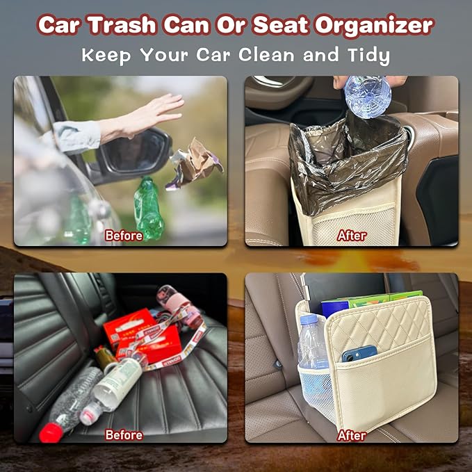 2 Pack Upgraded Car Seat Organizer Backseat with Storage Pockets, Multipurpose Car Organizer Hanging Car Trash Bag Premium PU Leather Garbage Can 2.14 Gallon Large Capacity Accessories Beige