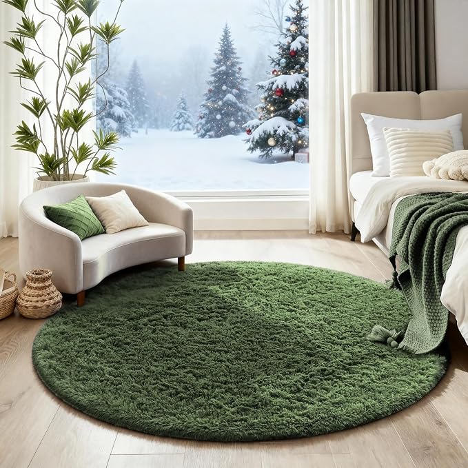 Ophanie Round Rug 4Ft Grey Green Circle Area Rug, Grayish Green Room Decor, Fluffy Fuzzy Bedroom Carpet, Plush Soft Shaggy Living Room Rugs for Kids Home Decor Aesthetic, Nursery