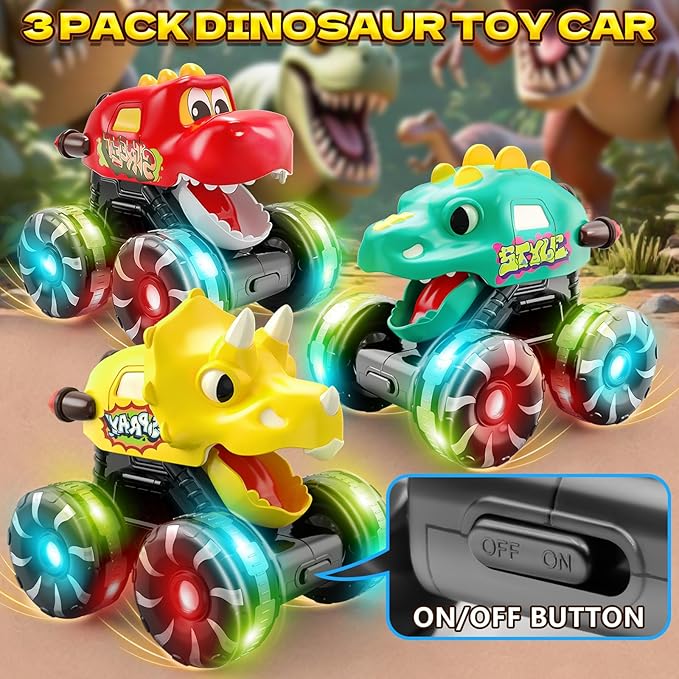 Intoypad 3 Pack Dinosaur Car Toys for Kids Toddlers, Light up Wheels Monster Truck Toys for Boys 2 3 4 5 6 7 8 Years Old Christmas Birthady Gifts Press & Go Dino Trucks Toy for Toddler Boy Baby
