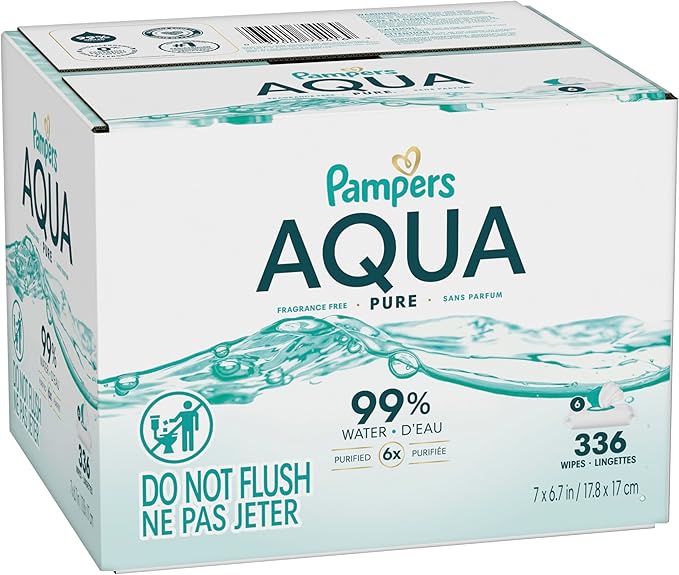 Pampers Aqua Pure Baby Wipes, 99% Water, Fragrance Free, Unscented, Water Based, Multi-Use, 336 Wipes Total (6X Flip-Top Packs) [Packaging May Vary]