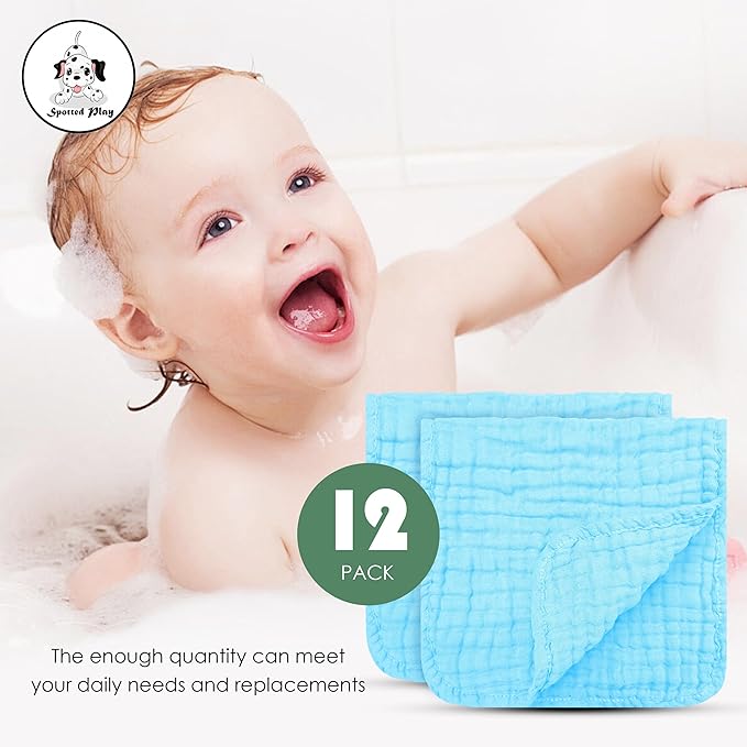 Spotted Play Muslin Burp Cloths 100% Cotton Large 20''x10'' Extra Soft and Absorbent Baby Wash Cloths Spit Up Rags - Baby Burping Cloth for Boys Girls Items(12 Pack Aquamarine)
