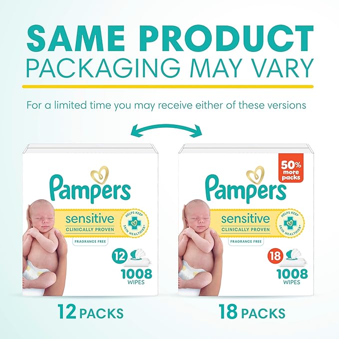 Pampers Sensitive Baby Wipes, Water Based, Clinically Proven, Hypoallergenic, and Unscented for Babies, 1008 Wipes Total (12 Flip-Top Packs) [Packaging May Vary]