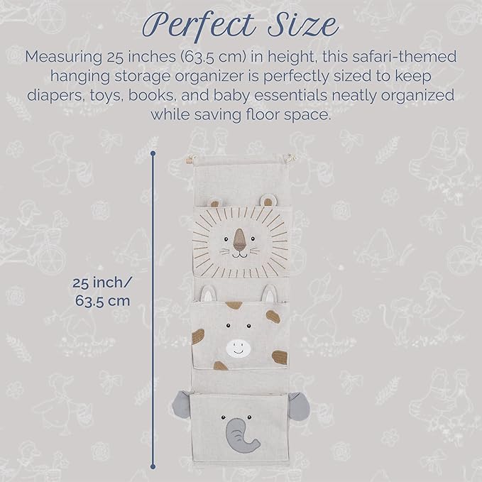 MON AMI Safari Hanging Storage Organizer – 25 Inches Nursery Wall Organizer with 3 Pockets | Baby Essentials Storage for Diapers, Toys & Accessories | Cute Nursery Décor & Practical Baby Registry Gift