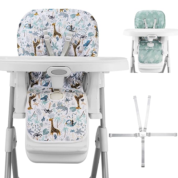 Baby High Chair Cover 2-in-1 Reversible, Includes 5-Point Harness Strap, Waterproof & Soft Dual-Side High Chair Pad Cushion, Machine Washable, Extra Thick Highchair Protector - Green