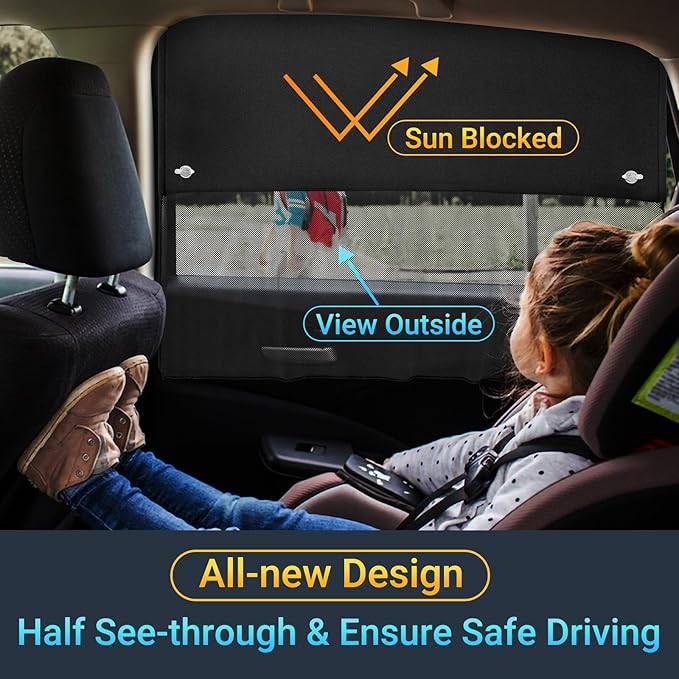 Car Window Shades, 2 Pcs Half Blackout & Half See-Through Magnetic Sun Shade for Rear Window Covers with Fixed Suction Cups,Car Curtains for Baby Sun/Heat/UV Protection