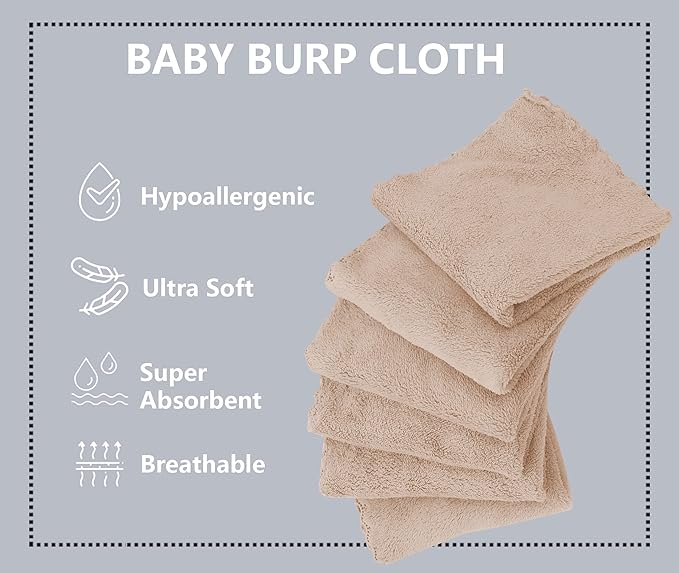 Spotted Play 8 Pack Burp Cloths for Baby - 20'' by 10'' Ultra Absorbent Coral Fleece Burping Cloths, Newborn Towel - Milk Spit Up Rags - Brown, 8 Piece Set