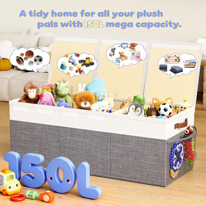 Dayacoco Extra Large Toy Box Chest with Lids, Collapsible Sturdy Kids Toy Storage Organizer Boxes for Boys Girls, Collapsible Sturdy Toys Chest Storage Organizer Bin Basket,40"X14"X16", Gray & White