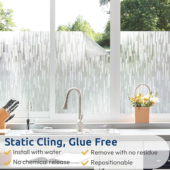 rabbitgoo Window Privacy Film, No Glue Frosted Glass Film, Static Cling UV Blocking Non Adhesive Reusable Heat Control Window Vinyl Clings for Home, Office, Frosted Silk, 23.6 x 157.4 Inches
