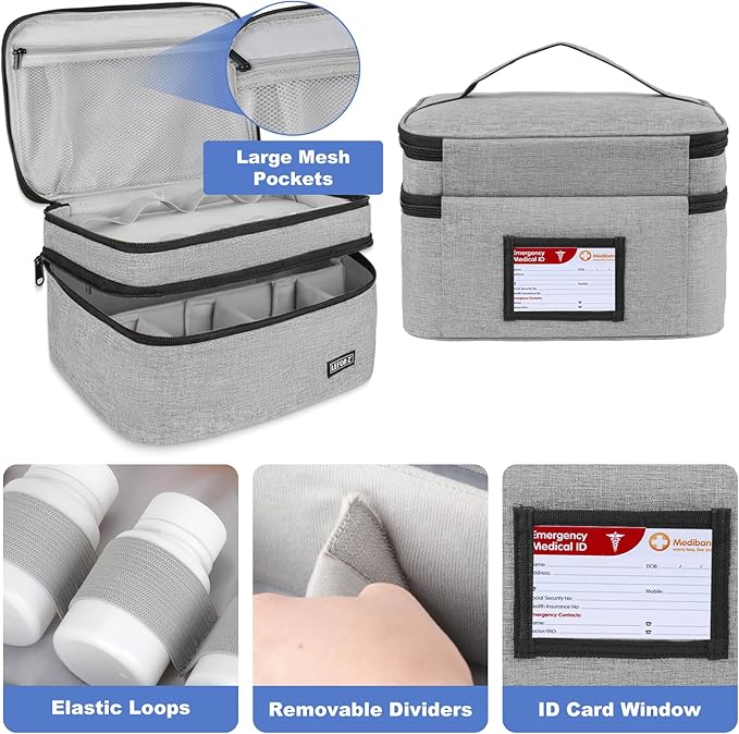 LEFOR·Z Medicine Storage Bag,Double Layers Pill Bottle Organizer Bag Empty with Lockable Zipper&Adjustable Divider,Medication Travel Carrying Bag for Pills,Vitamins,Medical Supplies,Grey