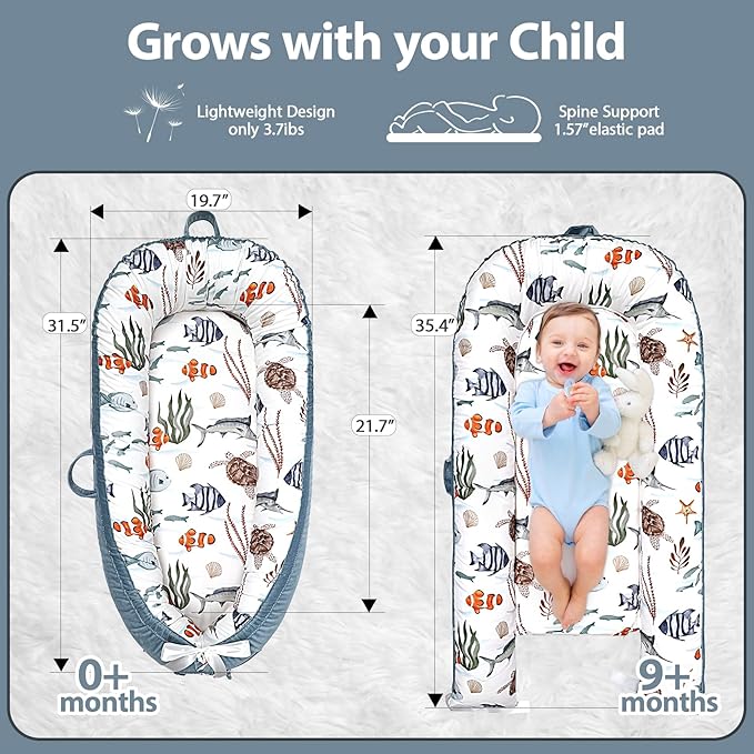 Baby Lounger-Breathable and Soft Organic 100% Cotton, Portable Infant Lounger with Removable Lounger Cover, Baby nest Lounger for Newborn - Sea World