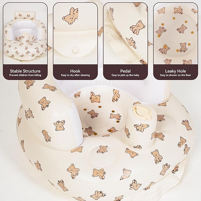 Inflatable Baby Seat Blow up Chair Inflatable Infant Chair for Babies 3-36 Months Learn to Sit up Floor Seat Bliss Built in Air Pump Brown Bear