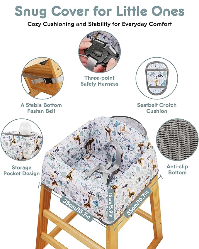 Baby High Chair Cover Restaurant with Strap Pads & 3-Point Harness, Machine Washable, Waterproof Portable Highchair Covers for Eating, Travel, Home Use - Fits Wooden Chairs, Green Forest