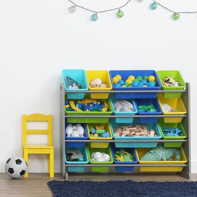 Humble Crew Supersized Toy Storage Organizer with 16 Removable Bins, Grey/Blue/Green/Yellow – Large Toy Storage for Toddlers Ideal for Kids' Rooms, Playrooms, and Nurseries - Modern Toy Bins for Kids