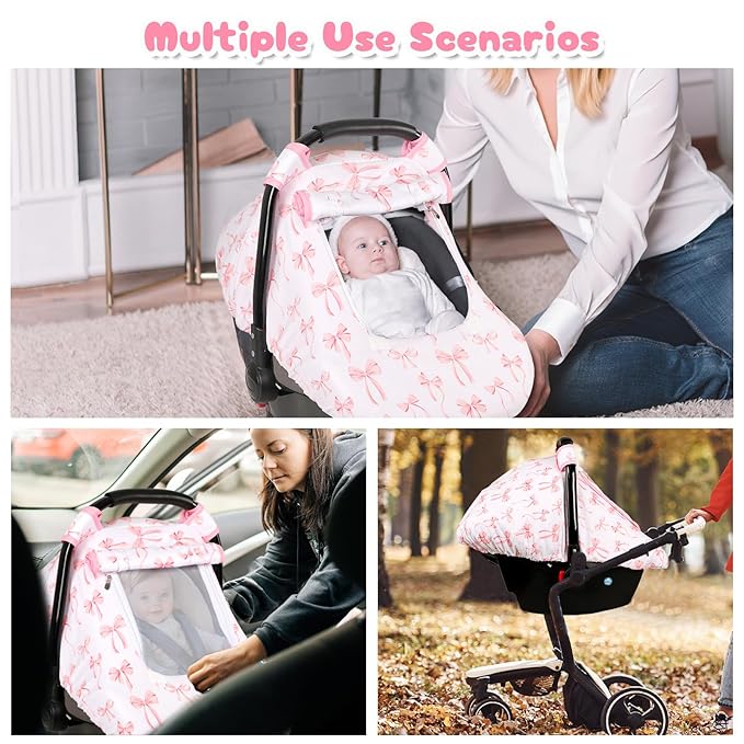 Baby Car Seat Cover, Windproof Carseat Cover for Infant Girls, Infant Warm Carseat Canopy with Double Layer Fabric for Winter, Compatible with Most Baby Car Seat, Bow