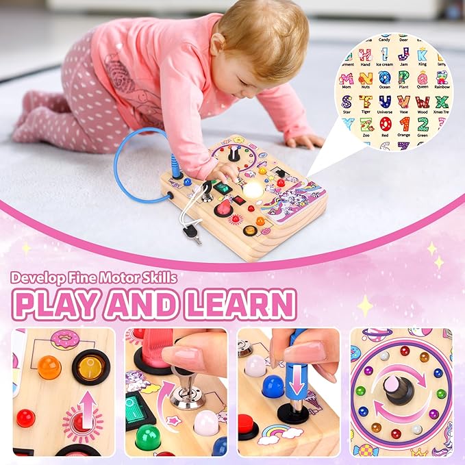 Grarain Busy Board for Toddlers - Montessori Educational Toy for 1-3 Year Old Boys & Girls | Travel-Friendly Sensory Learning Activity | Ideal for Kids with Autism(Unicorn Busy Board)
