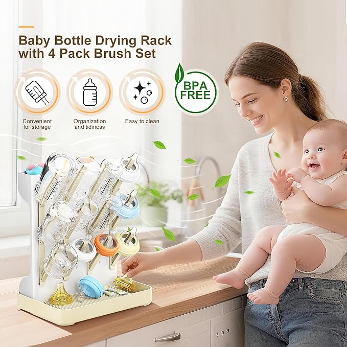 Viddett Superior Vertical Baby Bottle Drying Rack with 4-Pack Brush Set: Space-Saving Countertop Drying Rack - BPA-Free Baby Accessories Storage Stand Organizing Brushes & Pacifiers - Warm Beige
