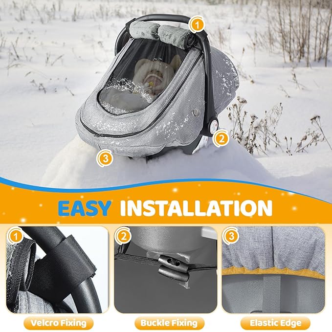IvyWind Baby Car Seat Cover, Universal Winter Carseat Cover for Babies with Breathable Mesh Window, Cozy and Warm Infant Car Seat Covers for Cold Weather, Kick-Proof Carseat Canopy, Light Gray