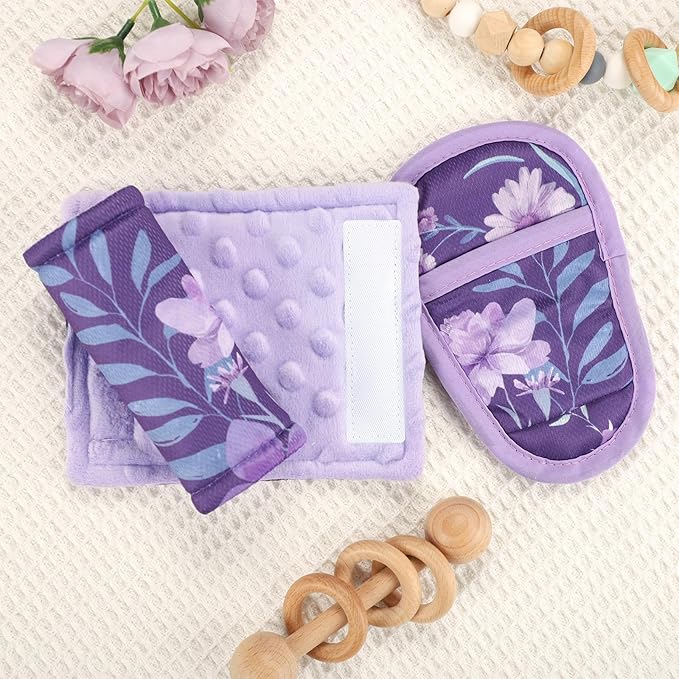 WINGHENLEE Baby Car Seat Strap Pads Suit, 3 Pieces Soft Car Seat Strap Shoulder Covers for Baby Infant Toddler, Double-Sided Car Seat Belt Covers for Stroller, Pushchair, Baby Swing, Purple Floral