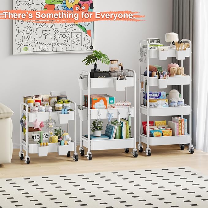 2 Tier All-Metal Rolling Cart, Rolling Storage Cart with Handle and Locking Wheels Kitchen Cart Laundry Office Bathroom Storage Organizer Cart, White