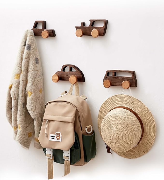 Kids Coat Hooks Wall Mount, Walnut Car-Shaped Coat Rack Heavy Duty for Bathrooms,Kids’ Room,Door,Nursery,Entryway, 4 Pack Wood Wall Hooks for Hanging Hats,Backpacks,Towels,Keys&Clothes