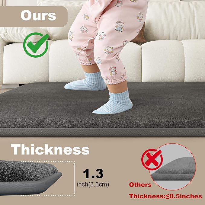 Baby Play Mat for Floor, 1.3" Thick Elasti-Foam Baby Play Mat, 50x50 Playpen Mat for Toddlers Infant Kids, Water Repellent Soft Coral Velvet Crawling Mat for Floor, Non-Slip Backing Safe Dark Grey
