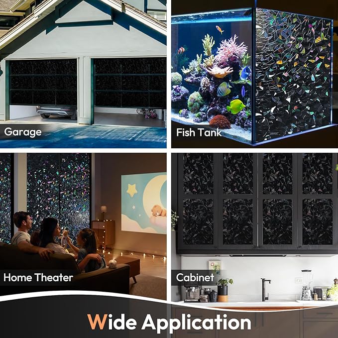 Haton Blackout Window Film, Black Out Window Cover, Stained Glass Sun Light Blocking Privacy Tint Shades for Home Room Darkening Dark Day Sleep Heat Control, Non-Adhesive, Black 23.6" x 78.7"