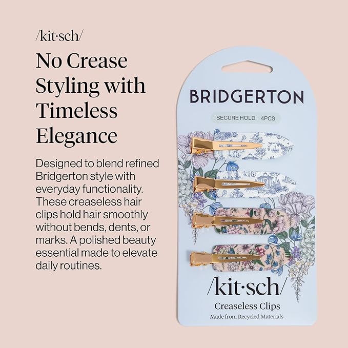 Bridgerton x Kitsch Creaseless Hair Clips for Women - No Crease, No Bend Hair Clips for Styling, Bangs, Makeup Application, Face Wash | Recycled Acrylic - Toile in Bloom | Ideal Gifts for Women, 4pcs
