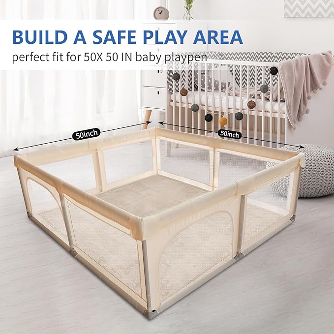 Huloo Sleep 2" Thick Extra Safety Baby Play Mat for Floor,Ultra Soft Elasti-Foam 50x50 Playpen Mat for Toddlers Infant Kids,Non-Slip Backing Safe for Crawling&Tummy Time,Tatami Style (Beige)