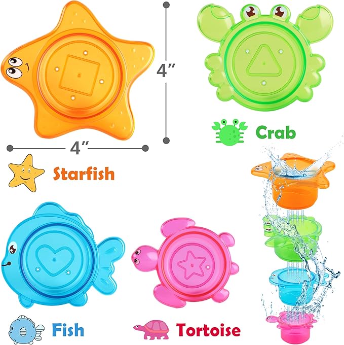 iPlay,iLearn Baby Bath Toys w/ Organizer, Infant Bathtub Shower Toy, Wind up Turtle, Water Squirt Octopus, Stacking Cup for Tub Pool, Birthday Gift 6 9 12 18 Month 1 2 3 Year Old Toddler Girl Boy Kid