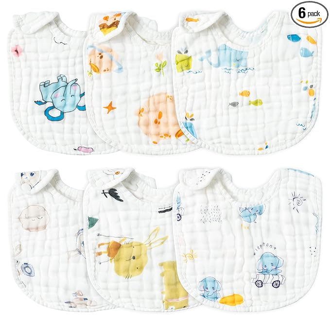 Zainpe 6Pcs Snap Muslin Cotton Baby Bibs Elephant Whale Rabbit Pattern Feeding Bib Adjustable Machine Washable Unisex Burp Cloths with 6 Absorbent & Soft Layers for Boys Girls Drooling Teething Eating
