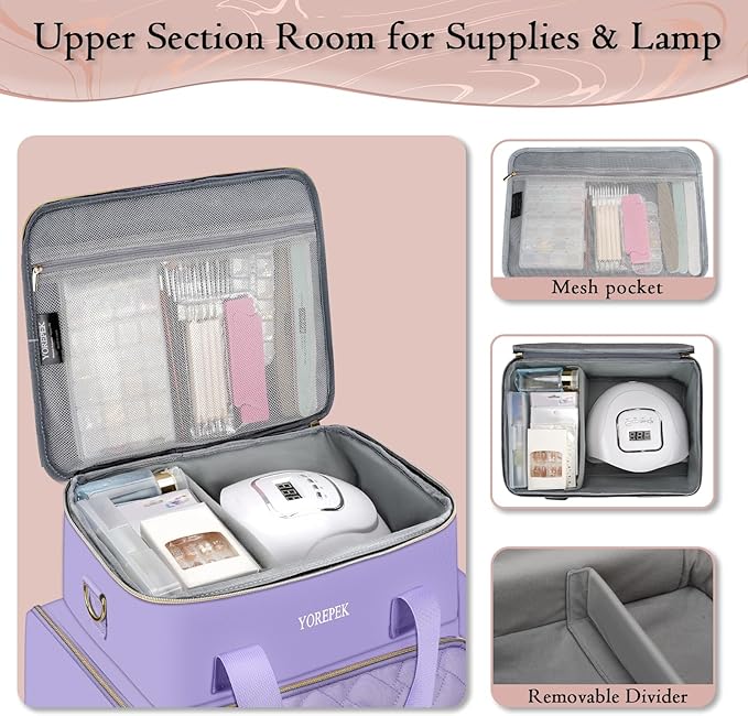YOREPEK Extra Large Nail Polish Organizer Case Holds 96 to 100+ Bottles (15ml/0.5 fl.oz) UV lamp, Gel Polish Travel Case Bag with 2 Removable Pouches Fits Nail Suppiles, Gift for Manicurist, Purple