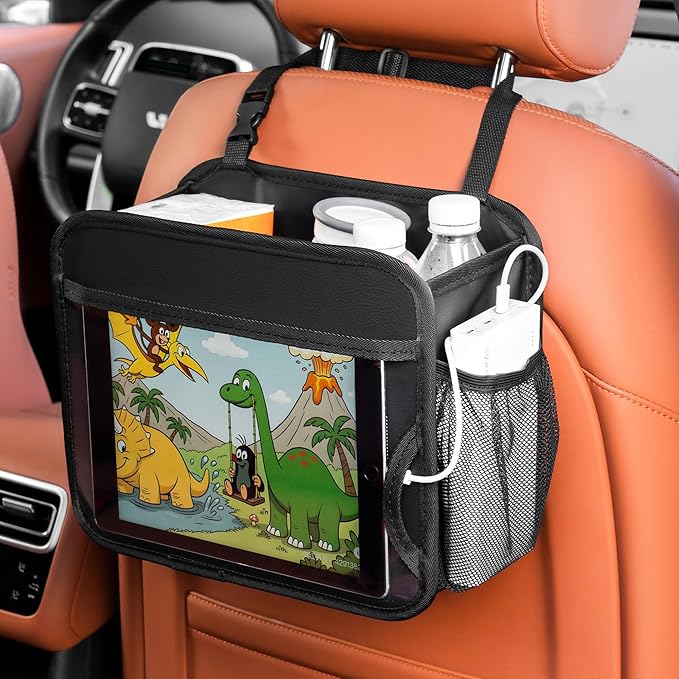 Uplien Car Organizer Bag for Back Seat Front Seat or Between Seats Premium PU Leather Hanging Storage Caddy with Tablet Holder Tissue Box Cup Bottle Holders Mesh Pockets for Kids Adults