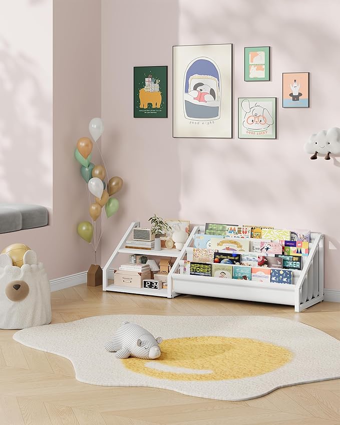CHOEZON Kids Bookshelf, Book Shelf for Kids Rooms, Toddler Bookshelf with 2 Open Shelves and 4-Tier Sling Rack, for Kid Room, Nursery, Bedroom, Playroom, White TCW06WB