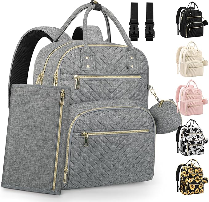 Pritent Diaper Bag Backpack,Baby Essentials Diapers Bag with Pacifier Case,Multipurpose Stylish Large Capacity Travel Backpack for Baby Girl/Boy(L-Grey)