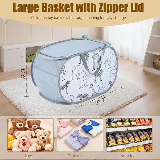 Seefoo Foldable Toy Storage Basket with Zipper Lid & Handles - Collapsible Stuffed Animal Organizer Bin, Space-Saving Lightweight Toy Chest for Baby, Kids, Nursery, Living Room - Animal Print, Gray