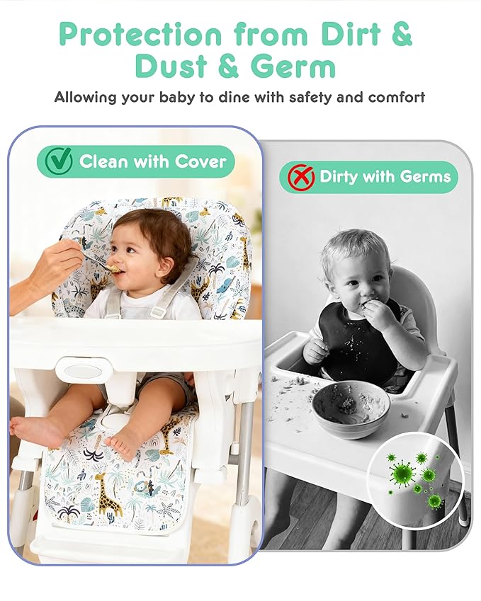 Baby High Chair Cover 2-in-1 Reversible, Includes 5-Point Harness Strap, Waterproof & Soft Dual-Side High Chair Pad Cushion, Machine Washable, Extra Thick Highchair Protector - Green